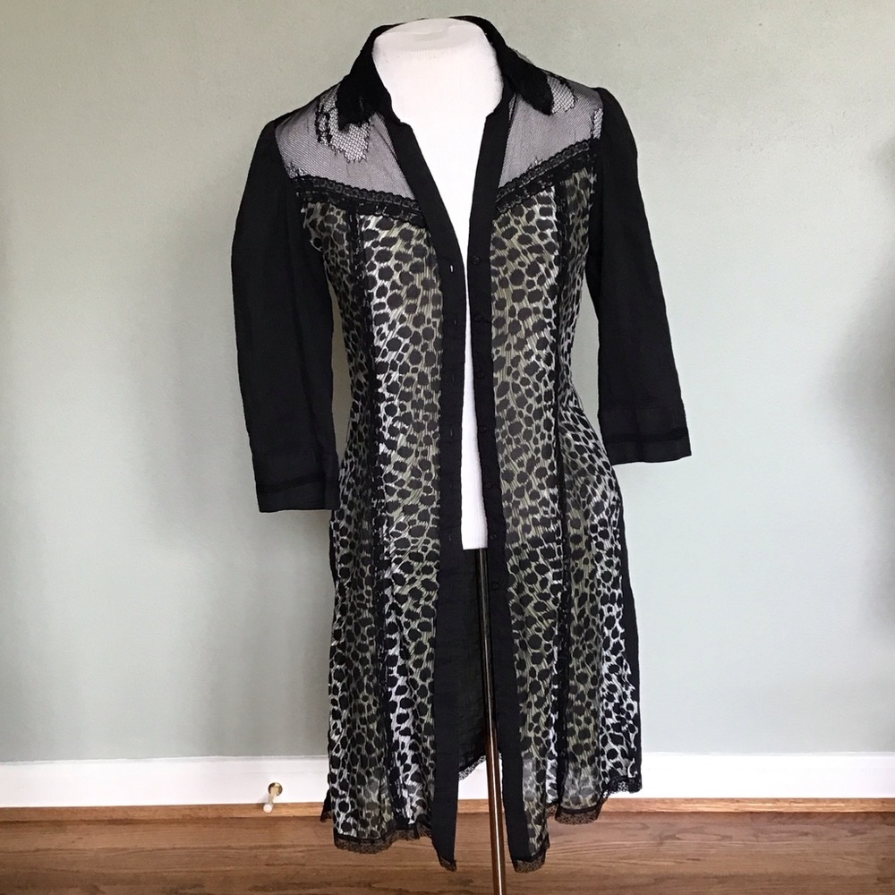 Tom K Nguyen Silk & Cotton Semi-sheer Duster Black & Olive Cheetah Print Size 4